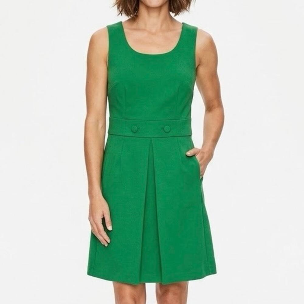 Boden Green Sleeveless A-Line Dress Button Tab Pleated Pocket Preppy Mod US 8R